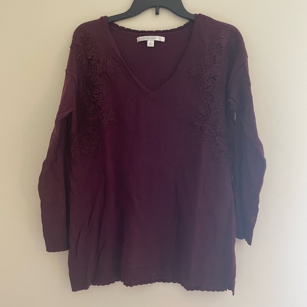 Burgundy V-Neck Sweater with Floral Details